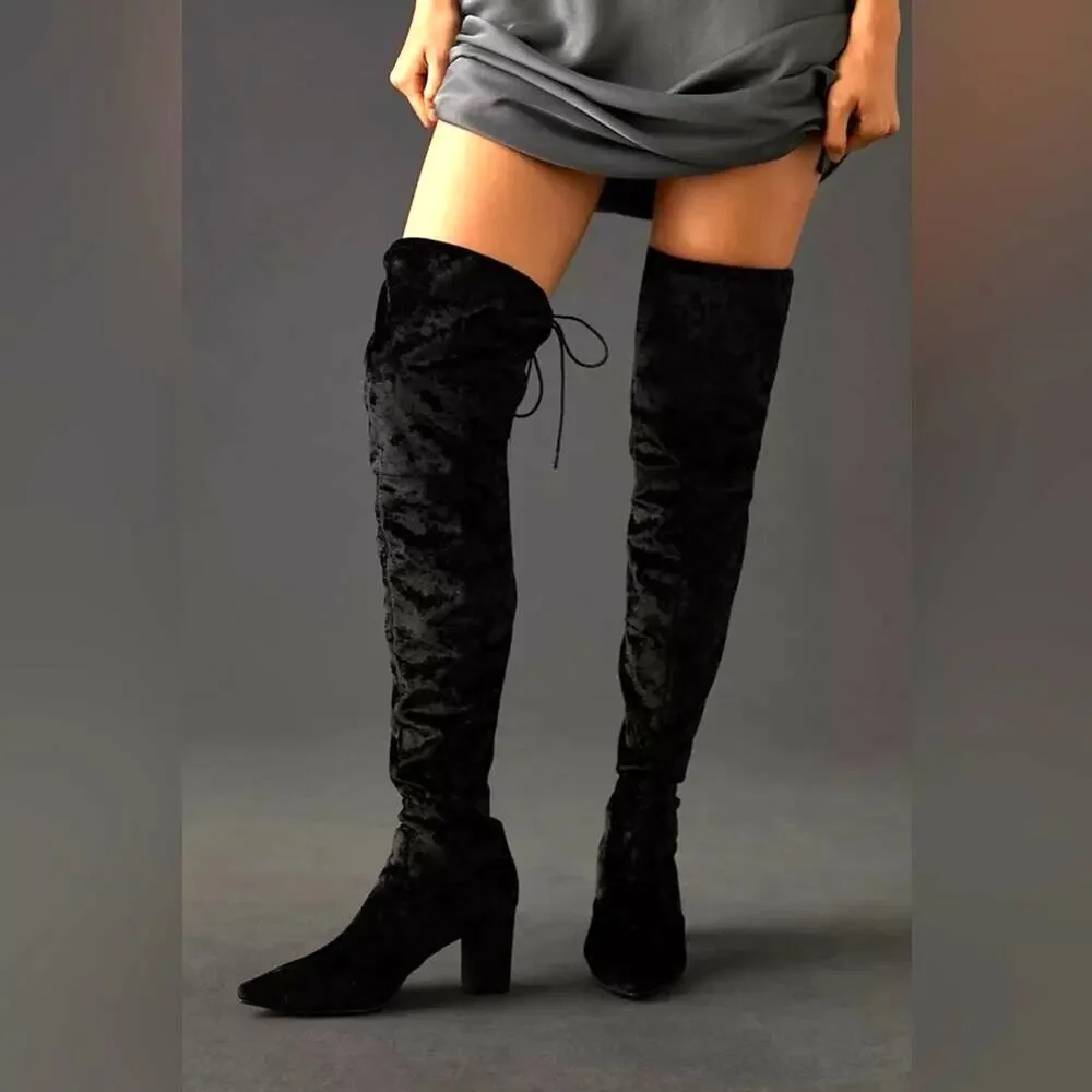 Anthro Silent D Over The Knee Boots Crushed Stretch Velvet Black EU38 US7 New